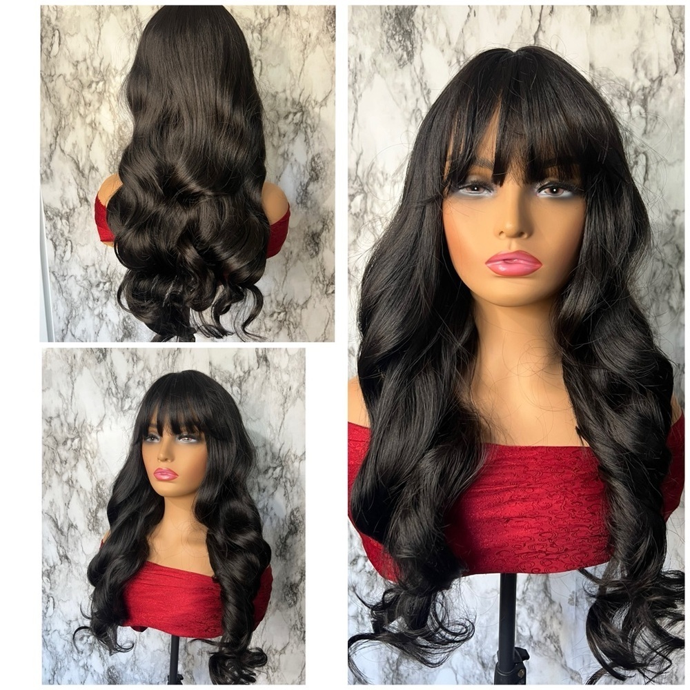 26 Inch Long Wave Curly Black Wig with Bangs density 200%